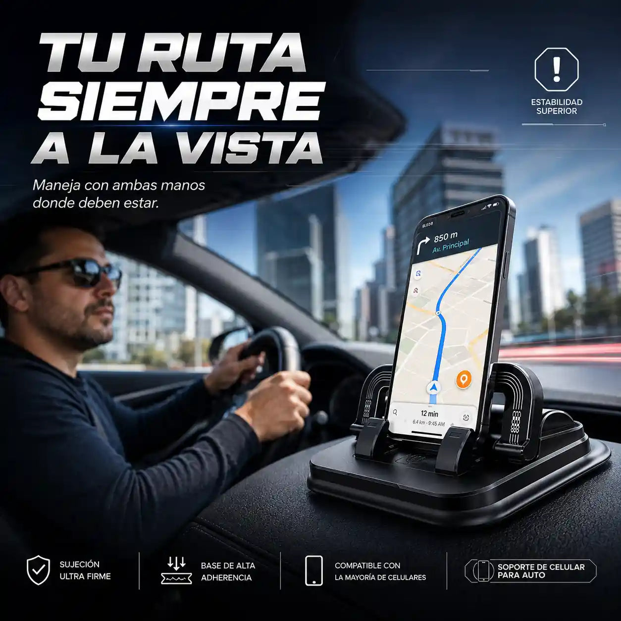 El soporte que fija tu teléfono al tablero para que manejes con las dos manos donde deben estar